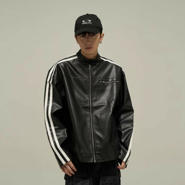 新款小眾側條紋皮衣【黑色M-2XL碼，下單後與客服確認發貨尺碼】