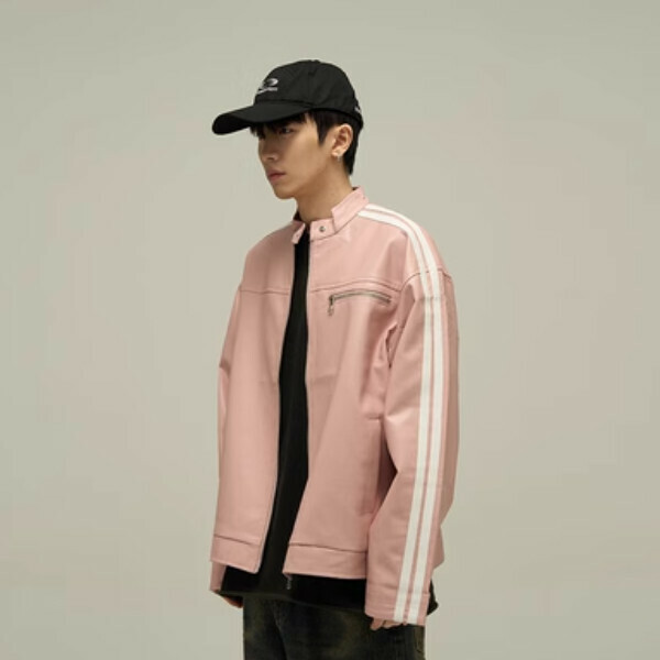 新款小眾側條紋皮衣【粉色M-2XL碼，下單後與客服確認發貨尺碼】