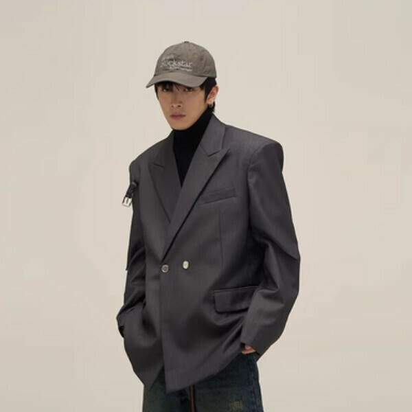 熱賣綁帶冷淡系休閒痞帥西裝【灰色墊肩M-XL碼，下單後與客服確認發貨尺碼】