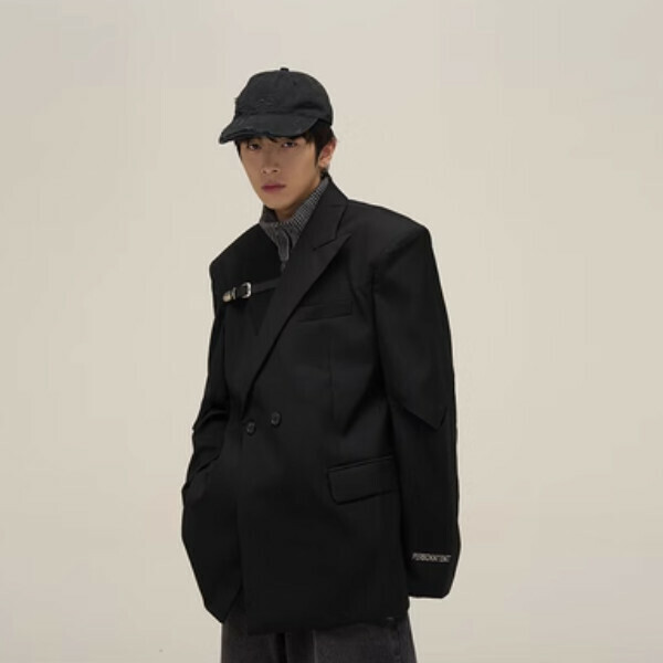 熱賣綁帶冷淡系休閒痞帥西裝【黑色墊肩M-XL碼，下單後與客服確認發貨尺碼】