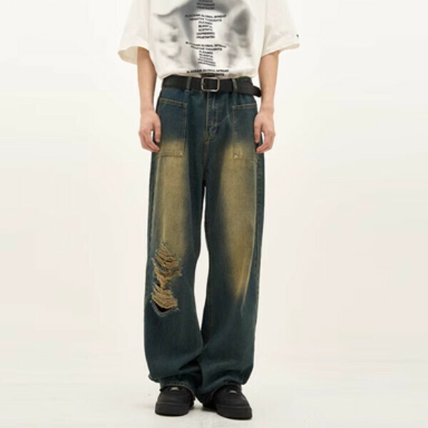 Hot selling high street retro denim couple's pants [the model picture of the holed model is a bit yellowish and has a slightly yellowish color, sizes S-2XL, please confirm the delivery size with customer service after placing the order]