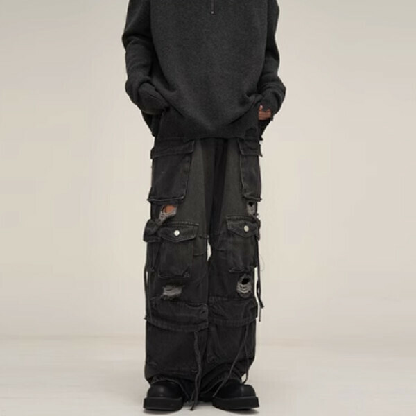 Hot selling heavy industry wasteland style multi-pocket loose straight pants [Black S-XL sizes, confirm the delivery size with customer service after placing the order]