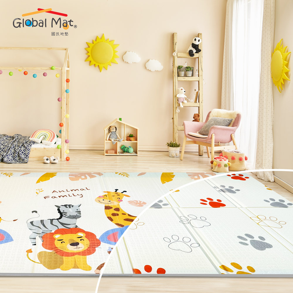 限時免運【Global mat】國民地墊 XPE 經典款 2CM 加厚雙面摺疊墊-可愛動物足跡C4 (200x150)