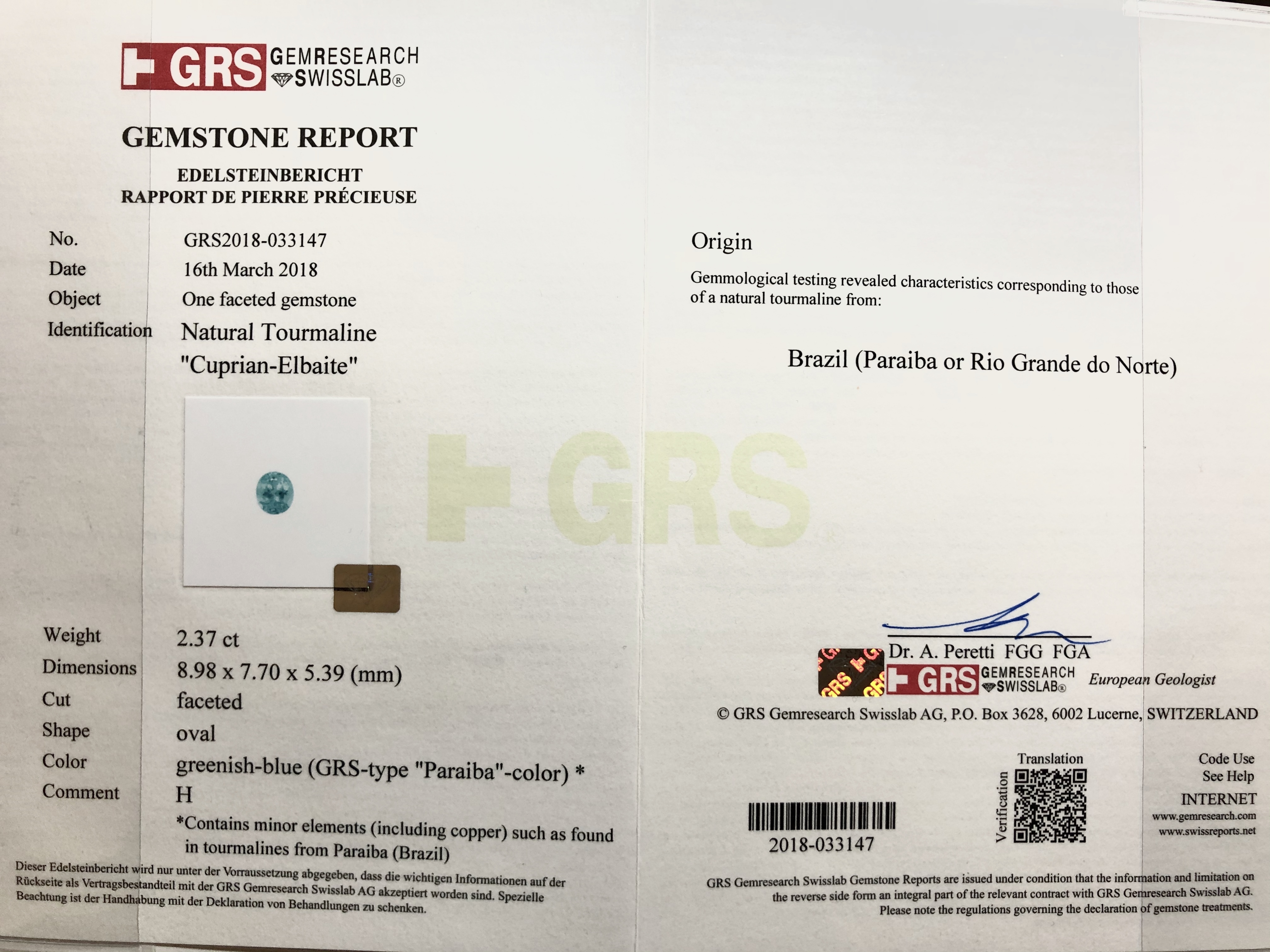 【GRS認證．極罕見巴西產"paraiba"．含銅碧璽2.37ct】