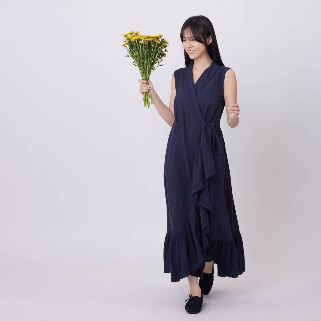 Ripple無袖荷葉開襟綁帶洋裝/深藍