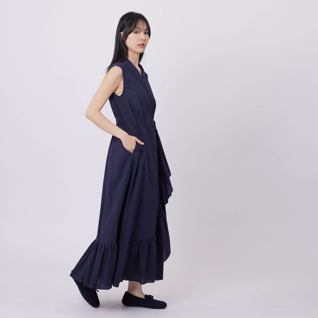 Ripple無袖荷葉開襟綁帶洋裝/深藍