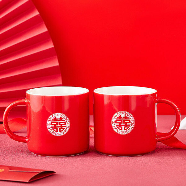 熱推（一對）婚慶喜字杯（紅色直口杯對杯）