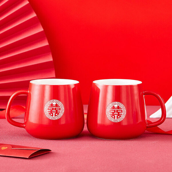 熱推（一對）婚慶喜字杯（紅色大肚杯對杯）