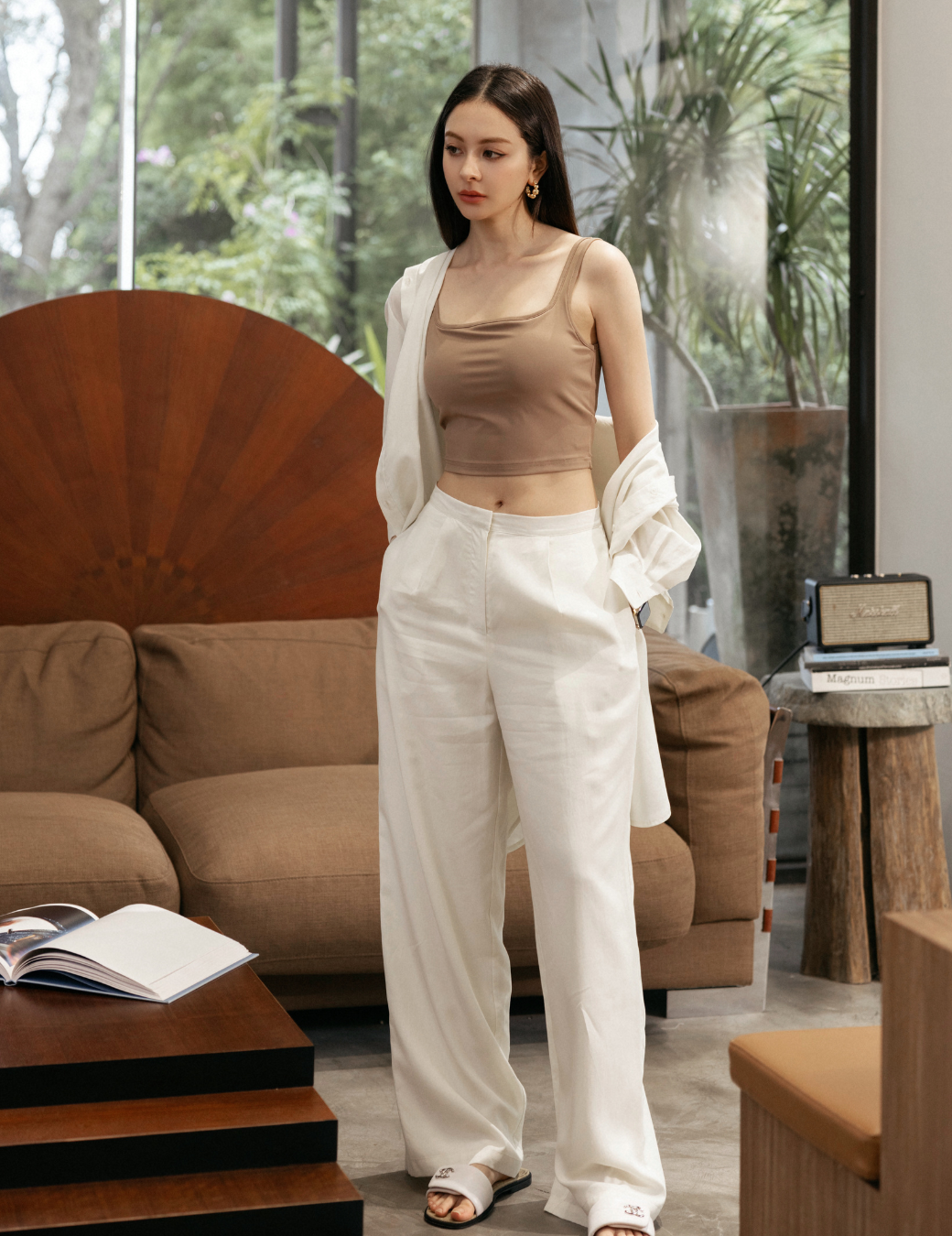 簡約垂墜感緞面寬褲（米白色/3尺寸）