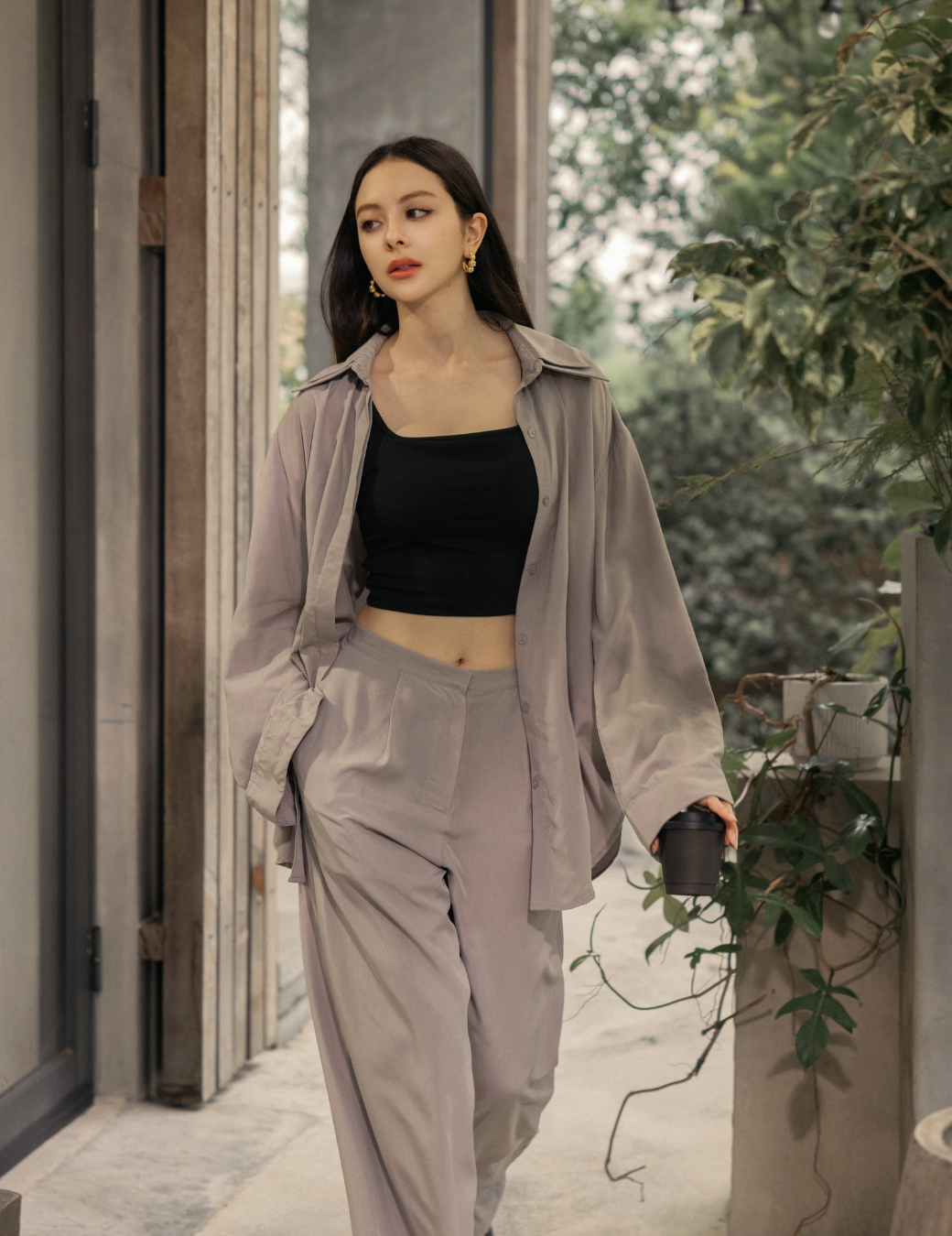 簡約雙領設計緞面襯衫（灰色）