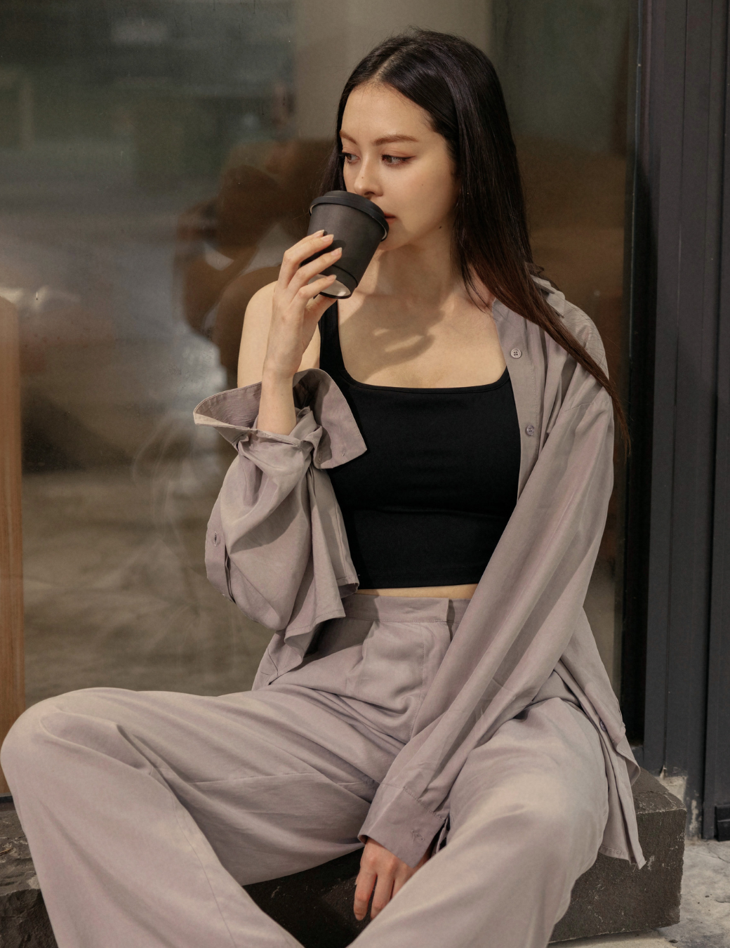 簡約雙領設計緞面襯衫（灰色）