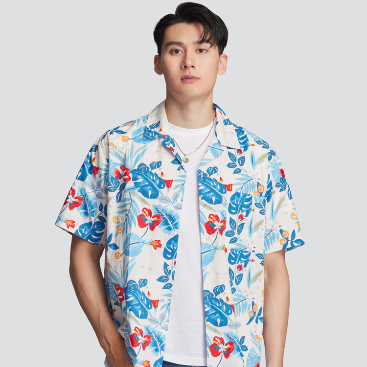 古巴領短袖花襯衫-白