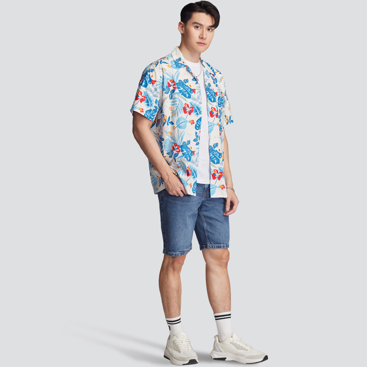 古巴領短袖花襯衫-白