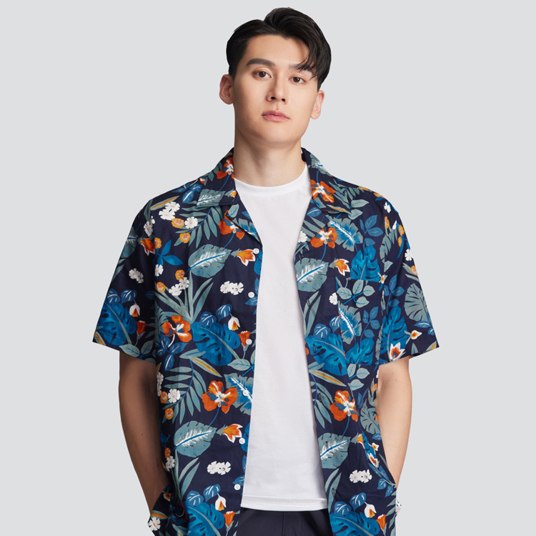 古巴領短袖花襯衫-藍