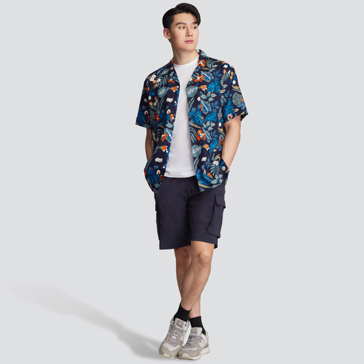 古巴領短袖花襯衫-藍