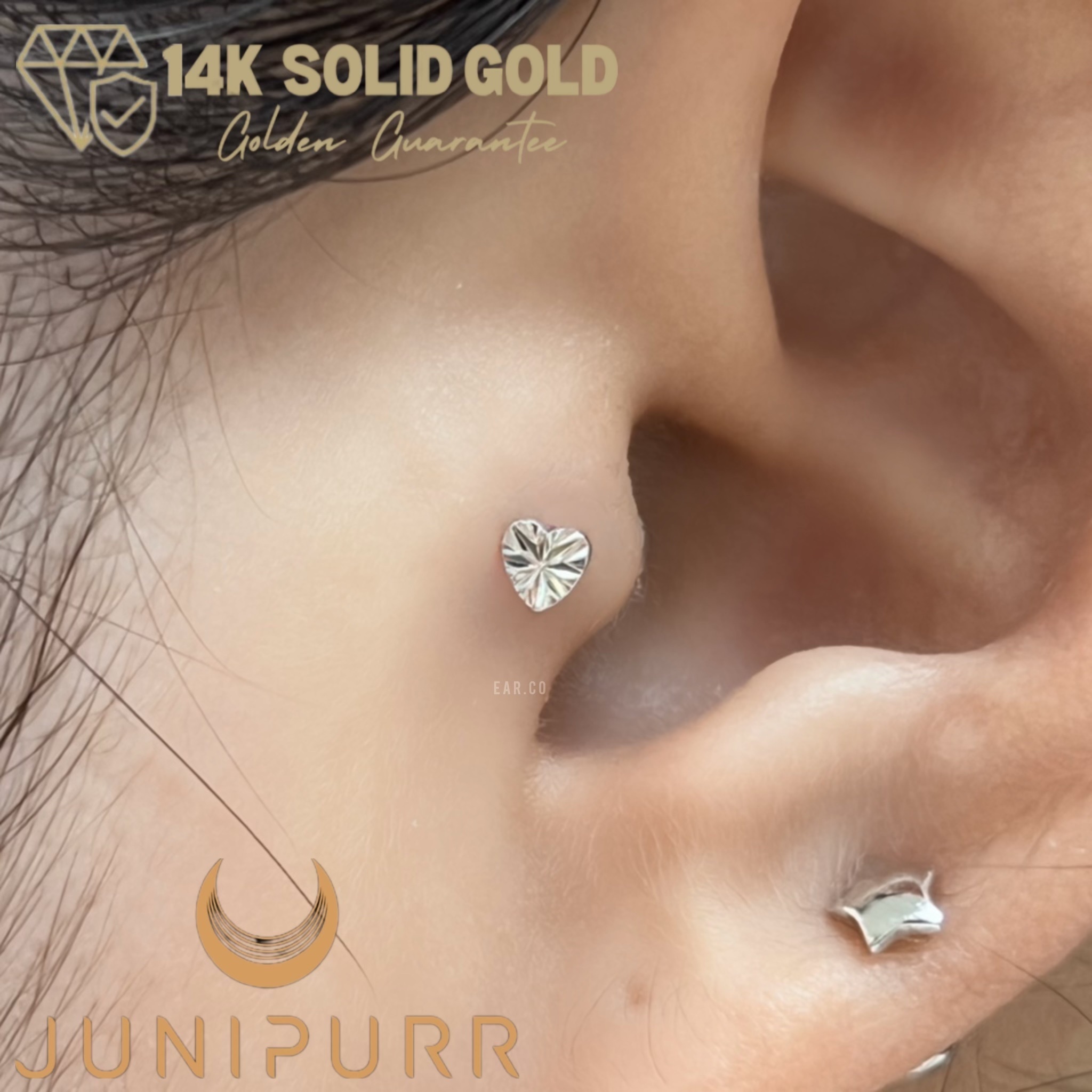 Laser Heart 單支平底耳環 - Junipurr 14K Gold