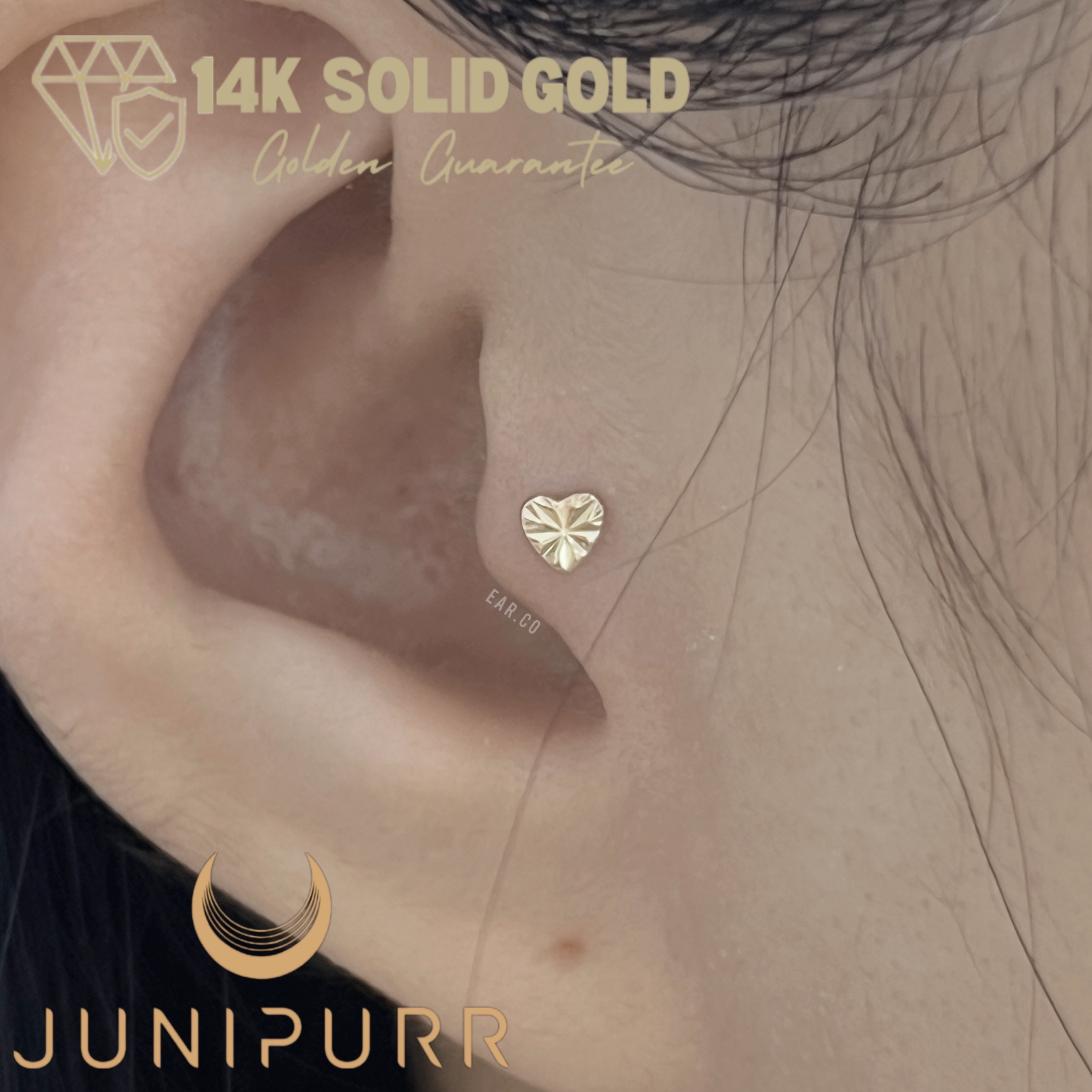 Laser Heart 單支平底耳環 - Junipurr 14K Gold