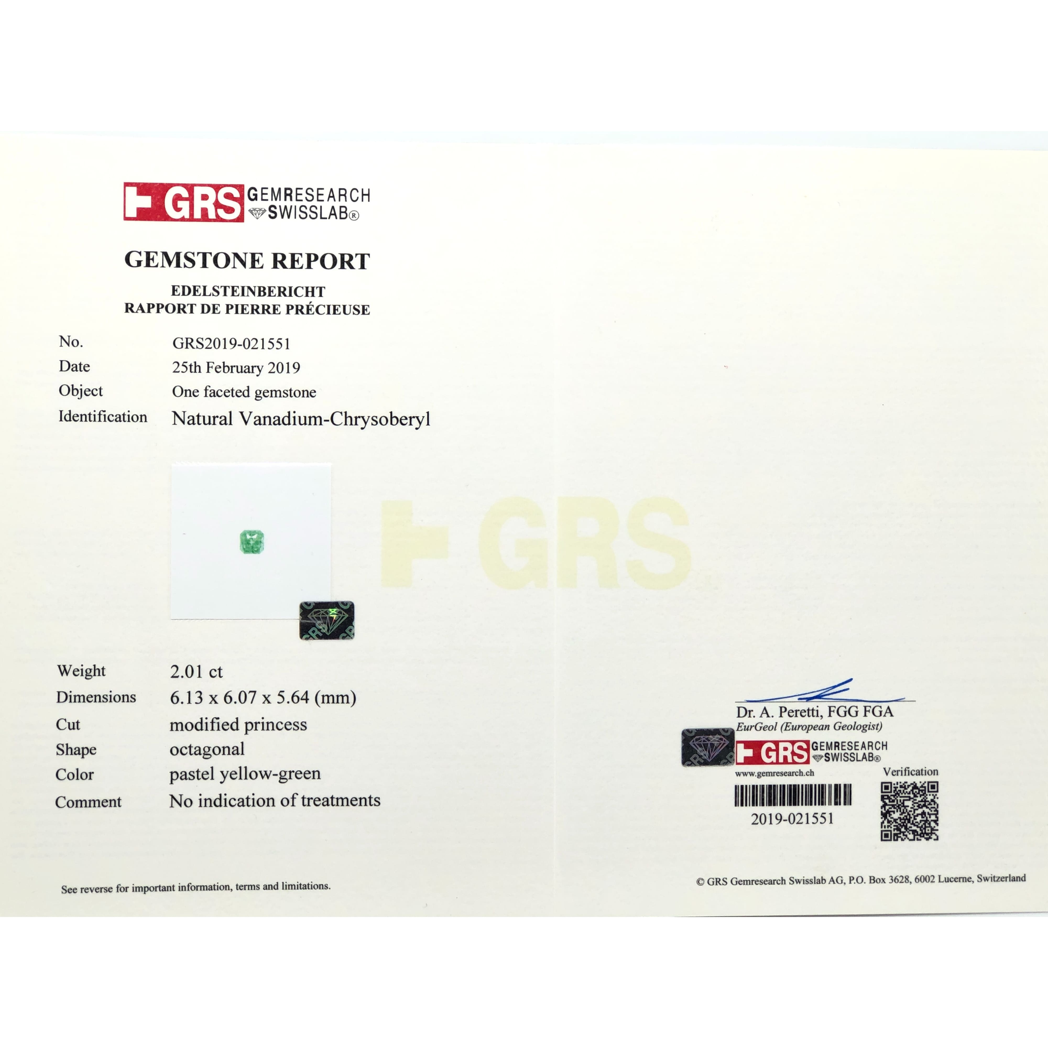 【罕見"Vanadium"釩金綠寶石2.01克拉(附GRS國際證書)】