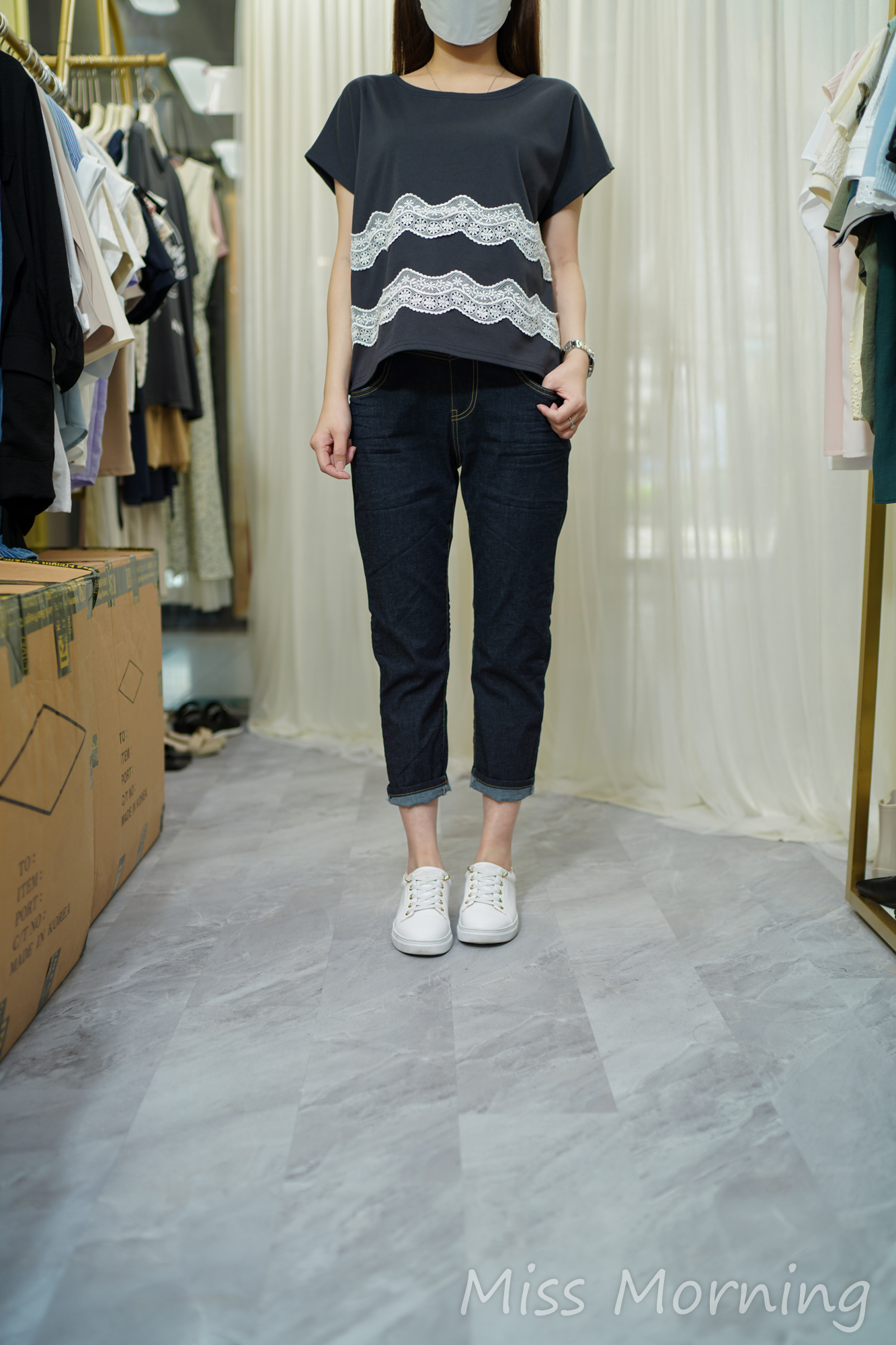Lace點綴上衣(14041)&減3度boy cut 彈彈牛仔褲(33779)