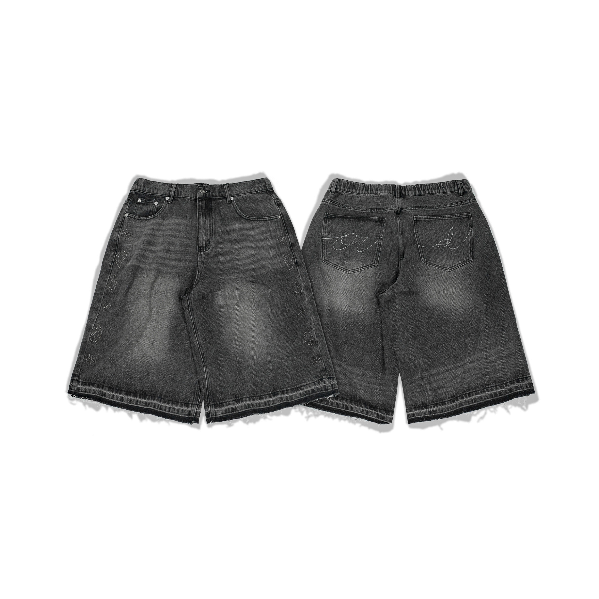 ORDINARY / EIGHT-POINT DENIM SHORTS 變形蟲卯釘8分牛仔短褲 - 水洗黑, 水洗藍