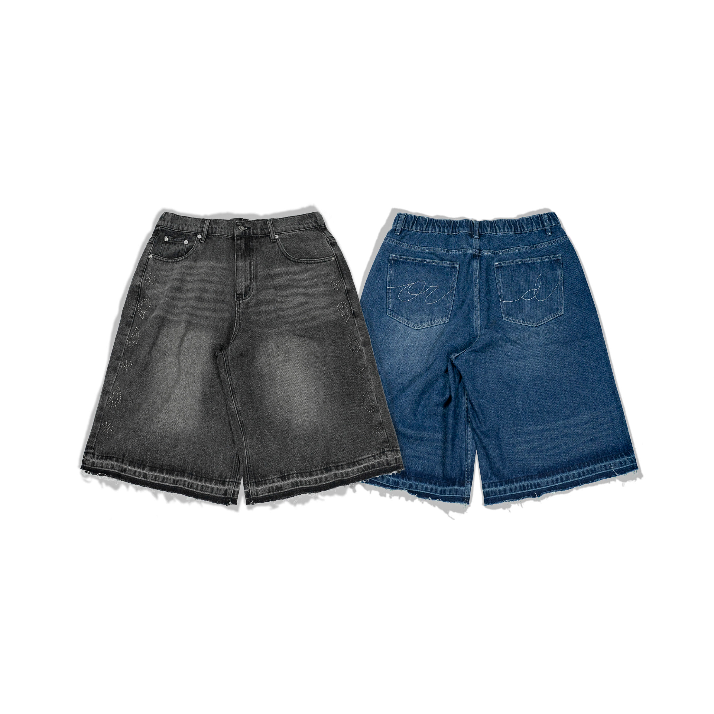 ORDINARY / EIGHT-POINT DENIM SHORTS 變形蟲卯釘8分牛仔短褲 - 水洗黑, 水洗藍