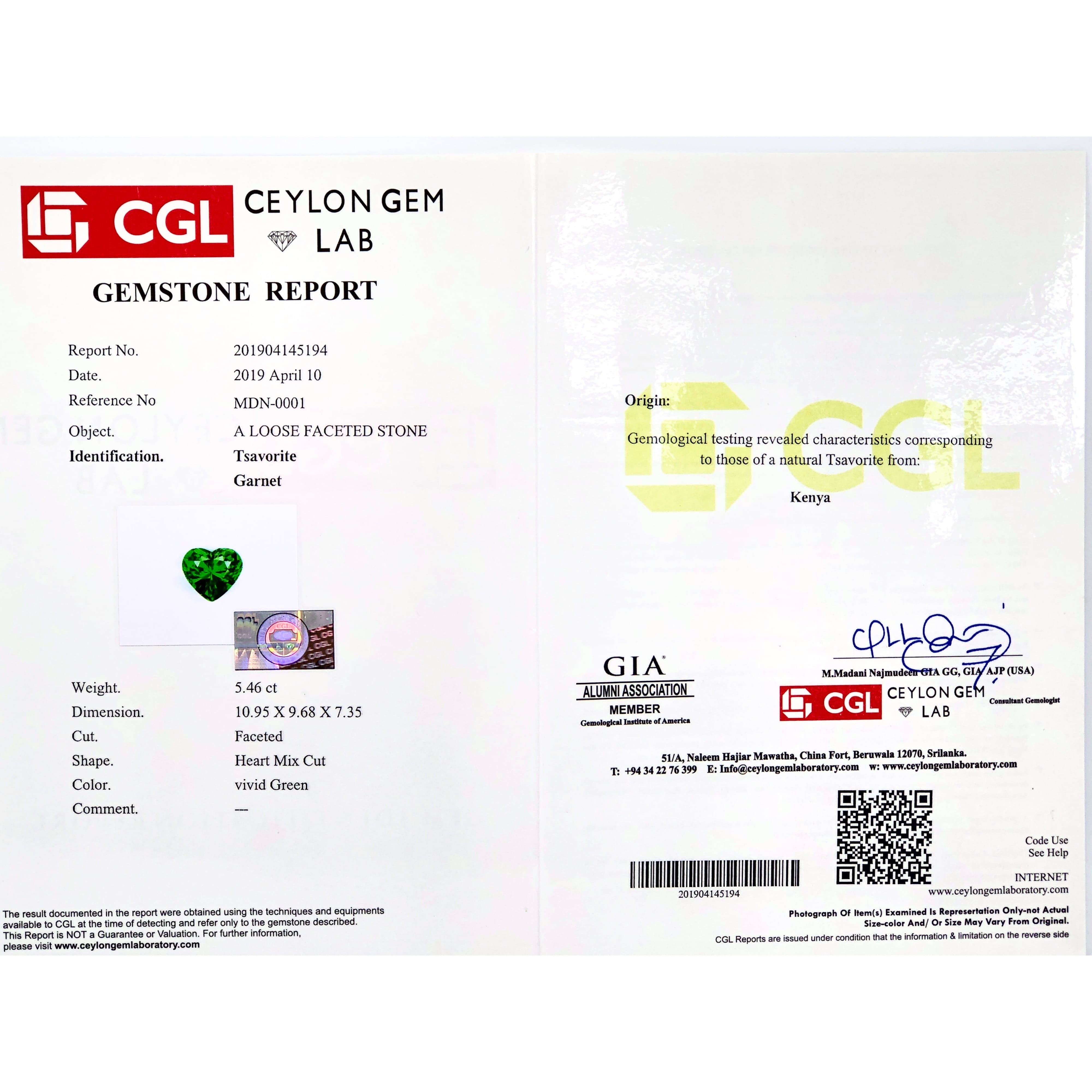 【頂級豔彩綠"Vivid green" ．沙佛萊石5.46ct(附CGL證書)】