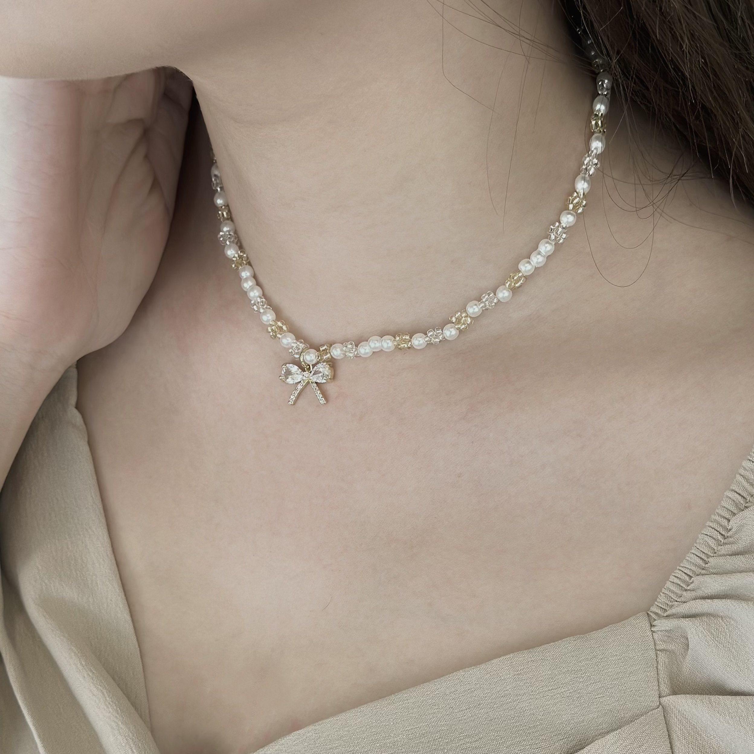 034珍珠鋯石蝴蝶結頸鏈