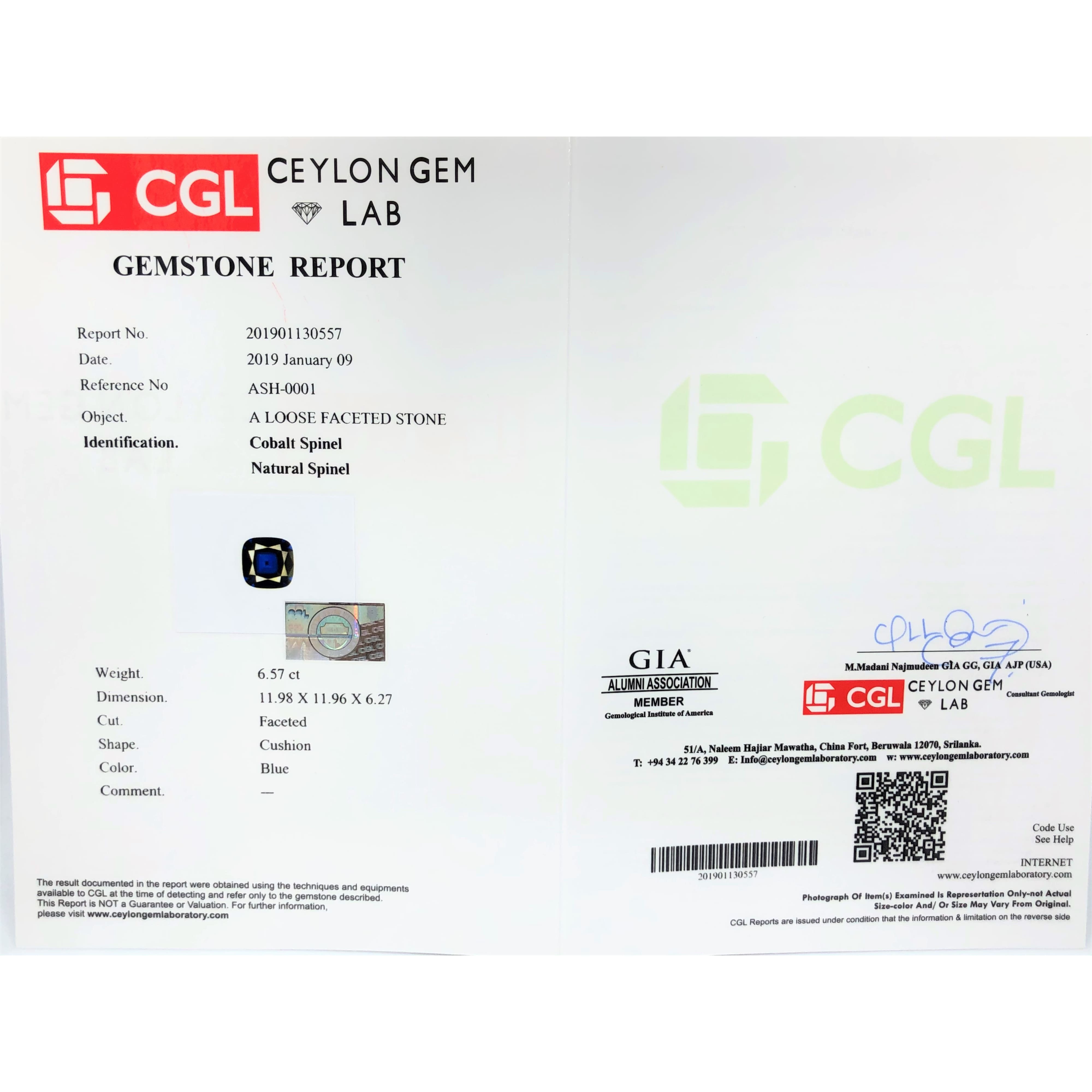 【罕見鈷致色"cobalt"．頂級墨水藍．斯里蘭卡鈷尖晶石6.57ct(附CGL證書)】