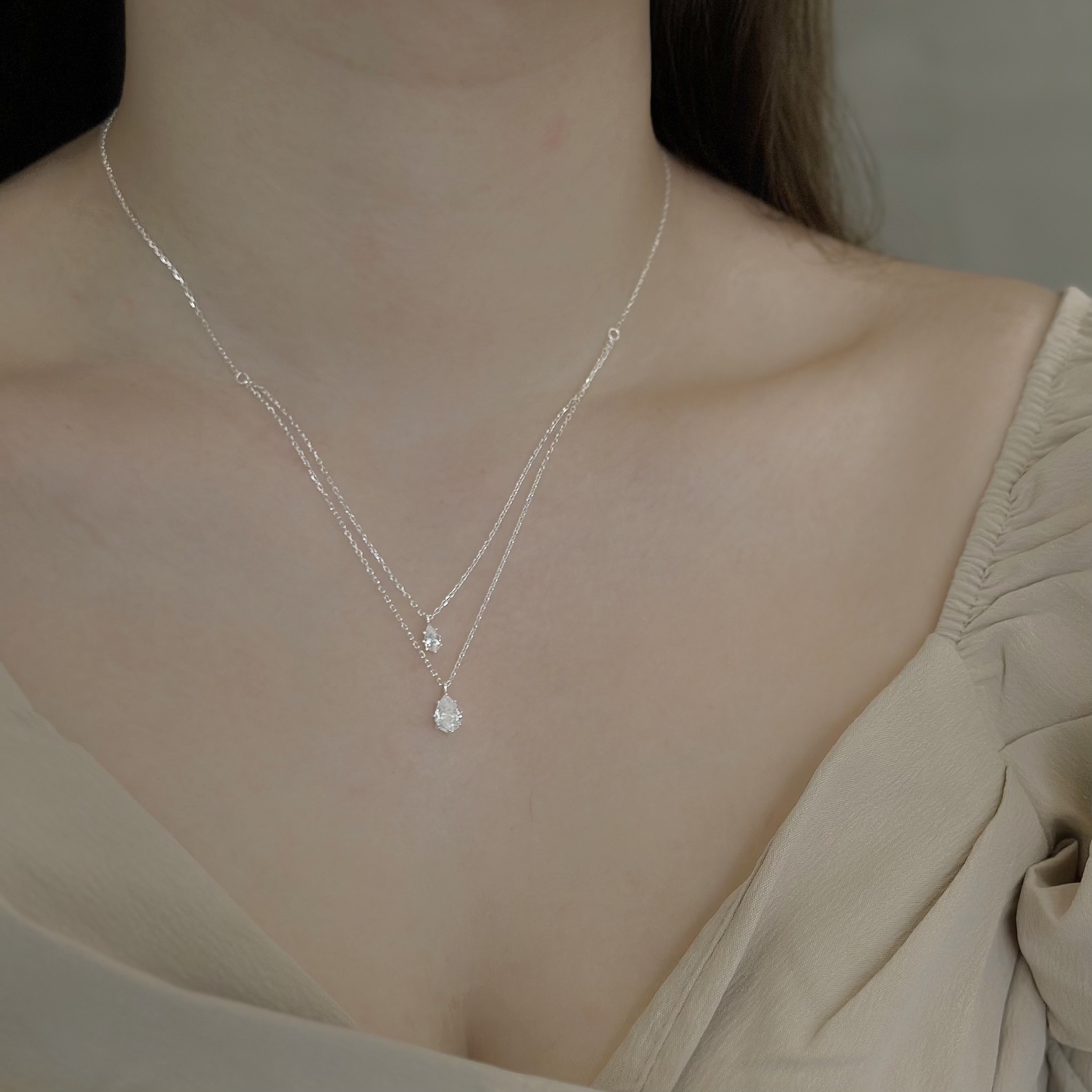 B24水滴鑽雙層純銀鎖骨鏈
