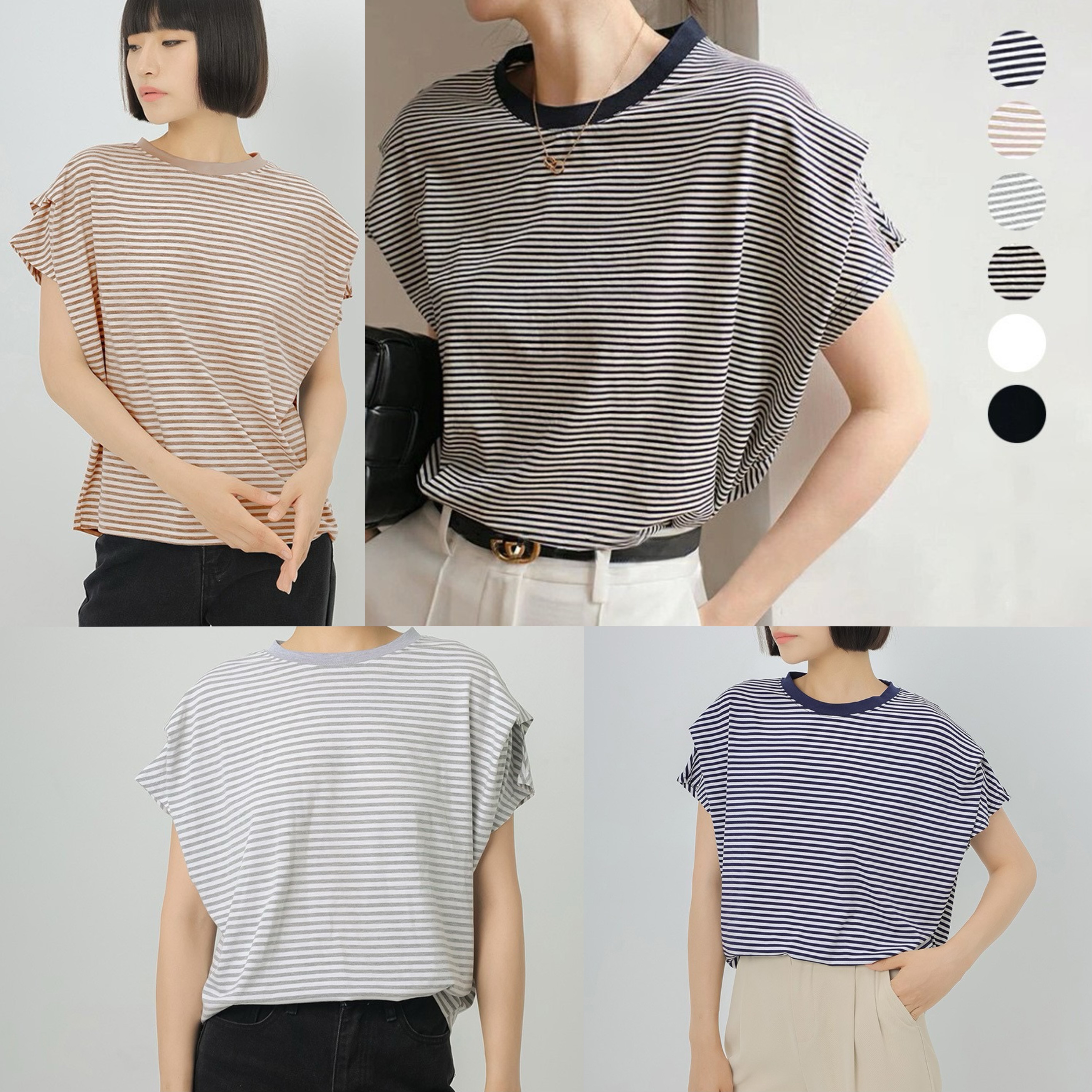 韓風雙層袖細條Tee-2400958