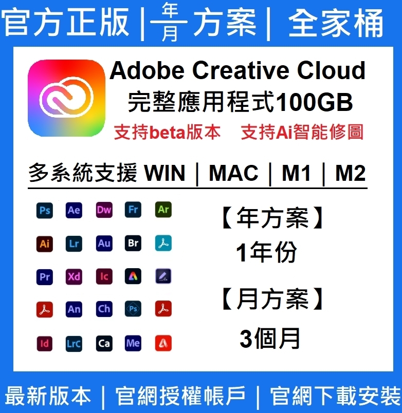 正版 Adobe Creative Cloud 授權完整應用程式100GB  / 攝影計畫20GB photoshop