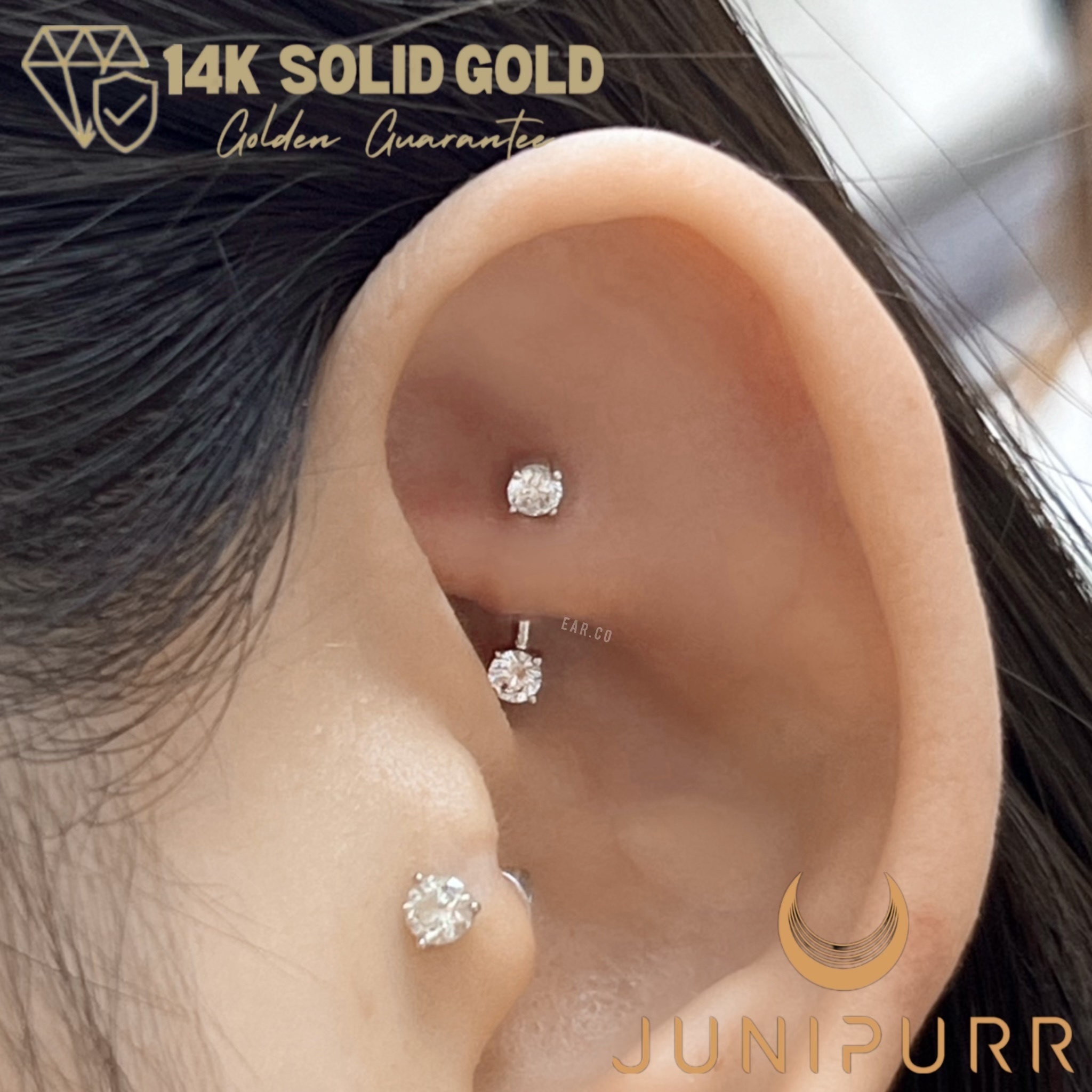 Empress Curved Gem Barbell 單支平底耳環 - Junipurr 14K Gold