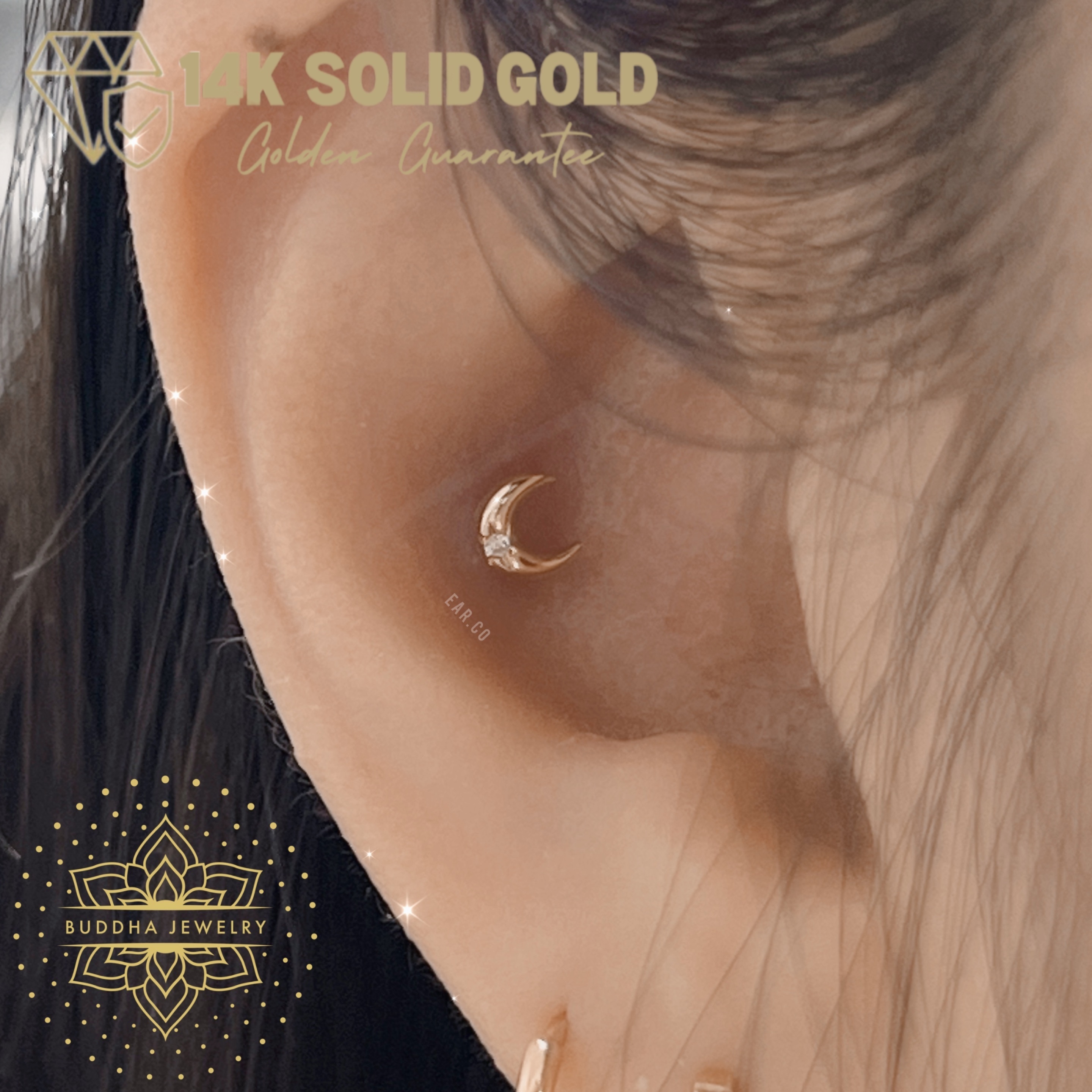 Moon Shine 單支平底耳環 - Buddha 14K Gold