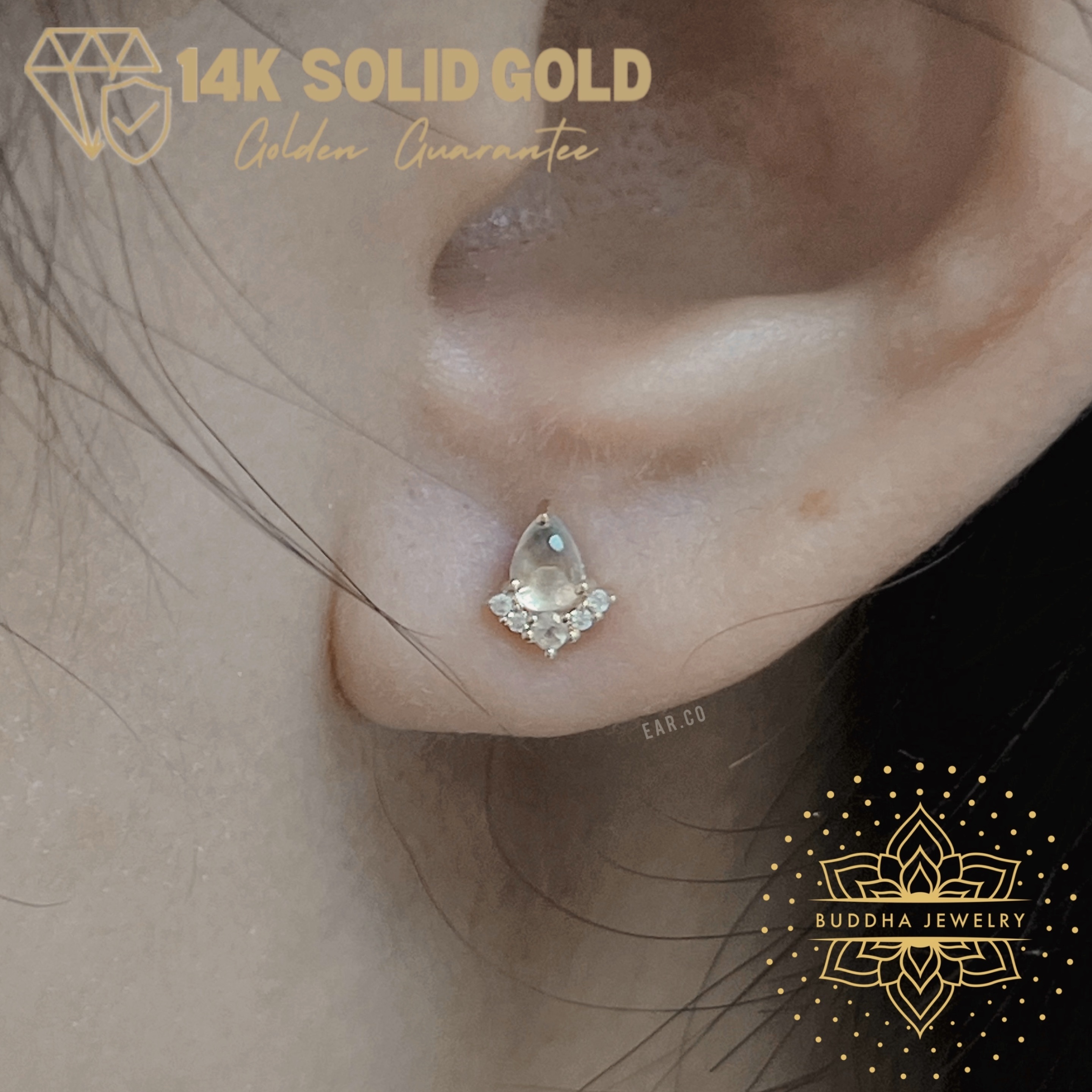 Love Language Rainbow Moonstone 單支平底耳環 - Buddha 14K Gold