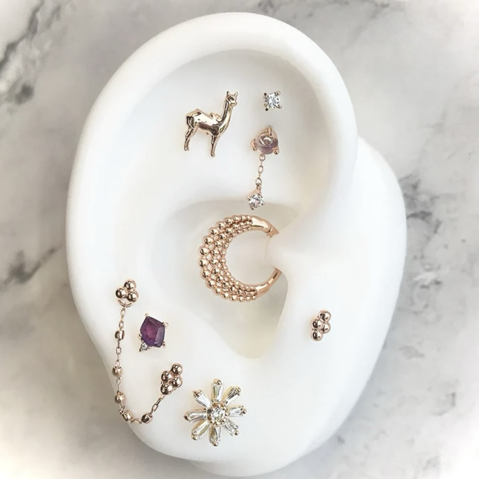 Bianca Moonstone + White Sapphire 單支平底耳環 - Buddha 14K Gold