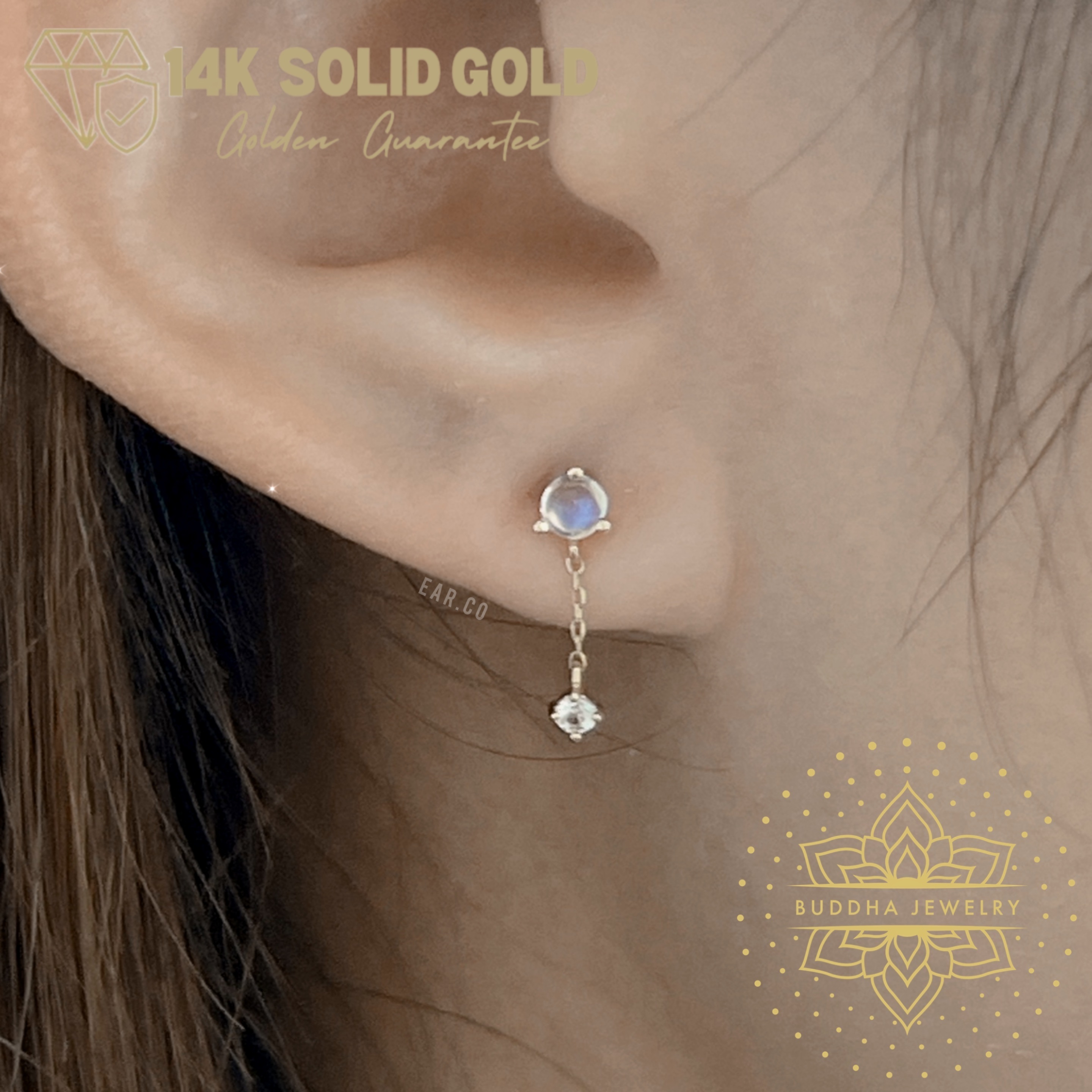 Bianca Moonstone + White Sapphire 單支平底耳環 - Buddha 14K Gold