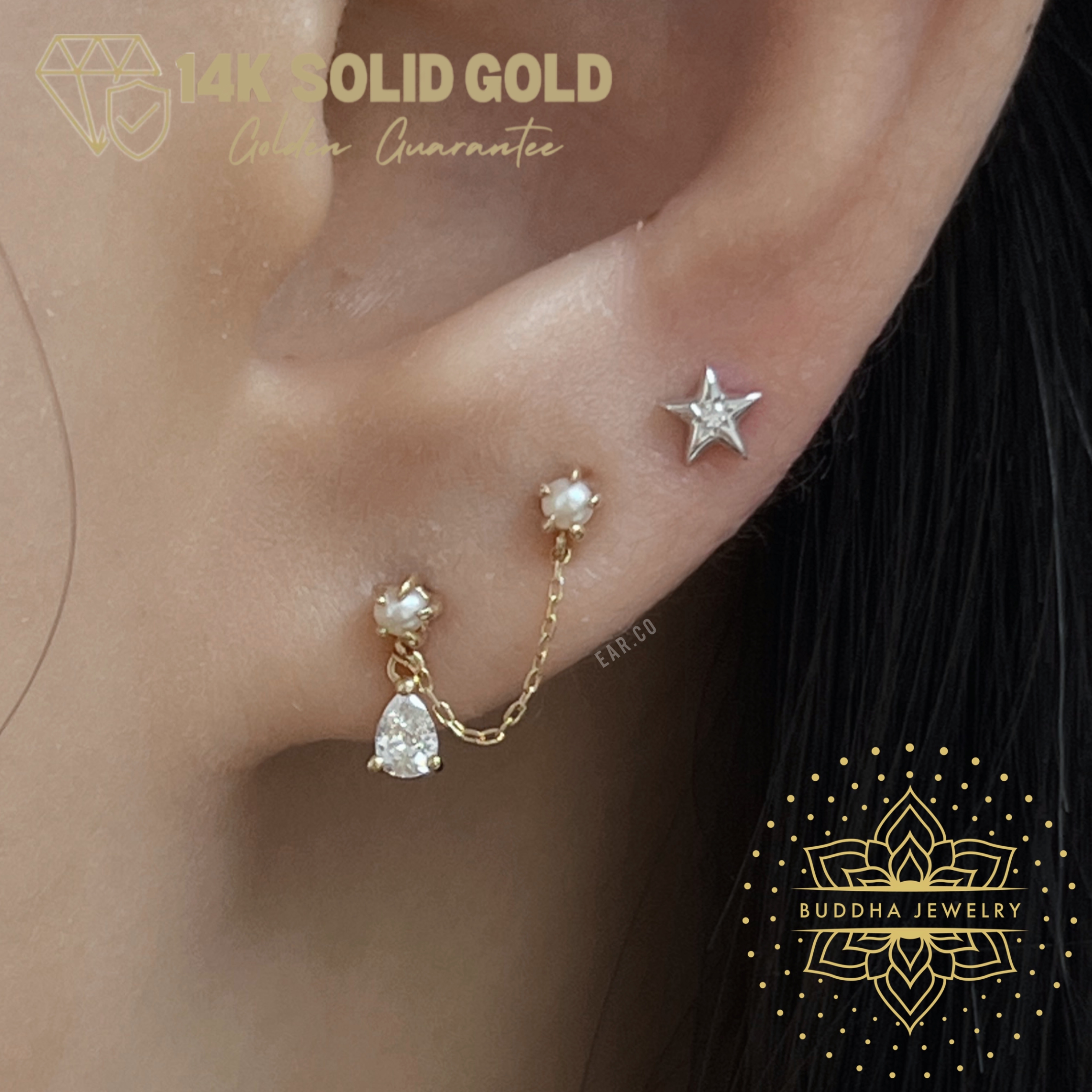 Mischief Pearl 單支平底耳環 - Buddha 14K Gold