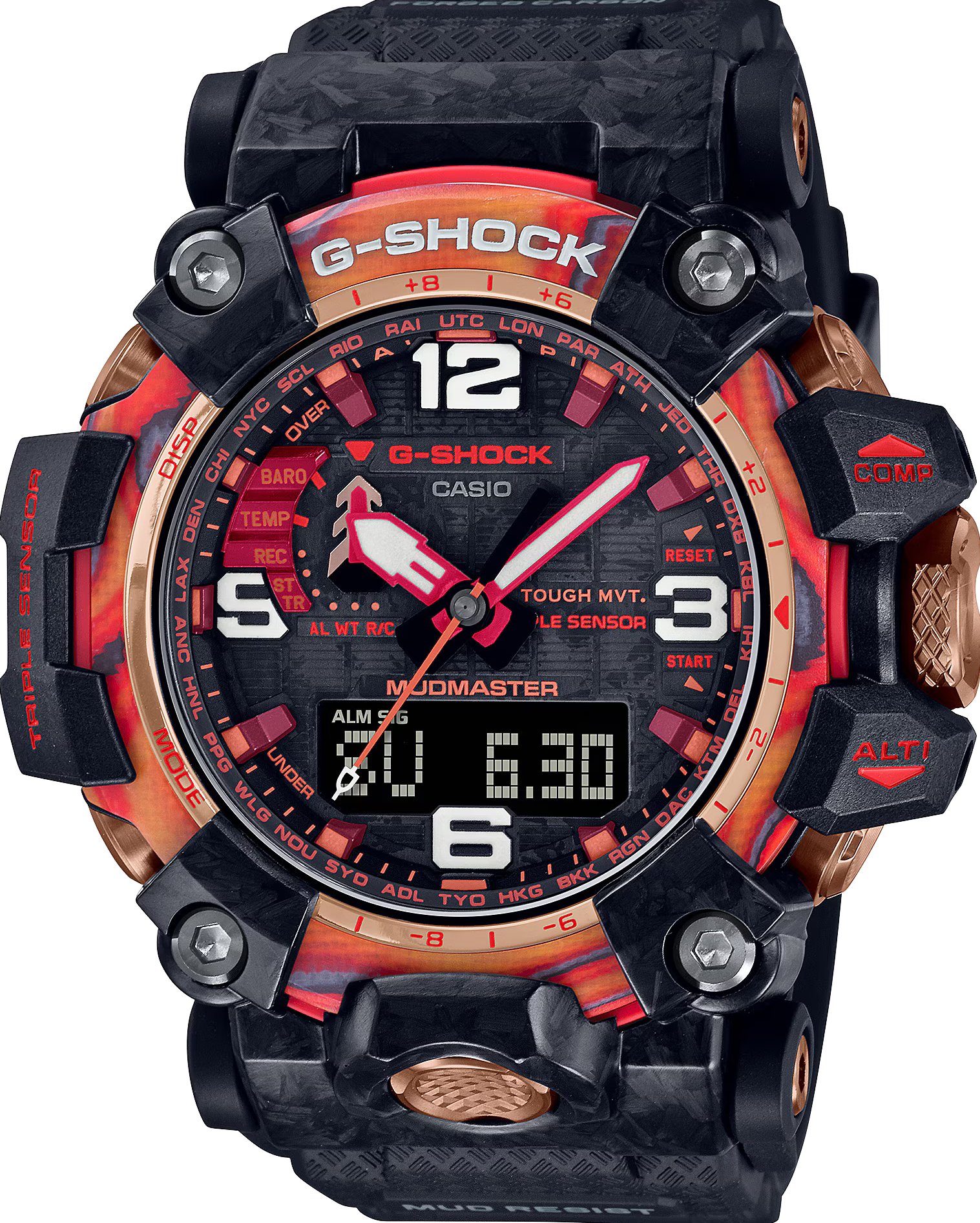 萬年鐘錶 - G-SHOCK   40周年 太陽烈焰防塵泥電波太陽能三重感測器強悍運動電子錶 GWG-2040FR-1A 錶徑 : 54.4mm