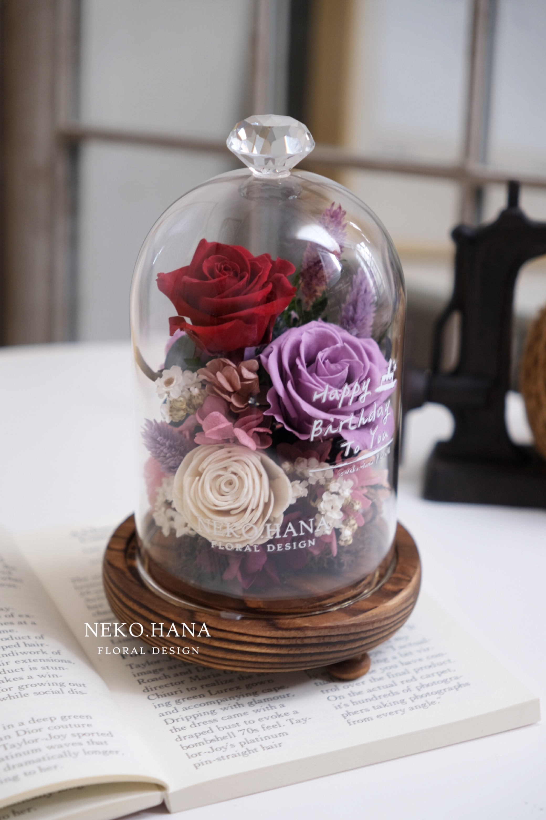 紫紅色玫瑰永生花夜燈