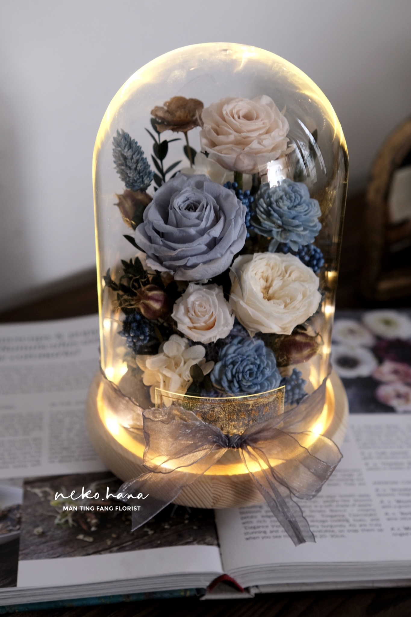 莫蘭迪灰藍色庭園玫瑰夜燈