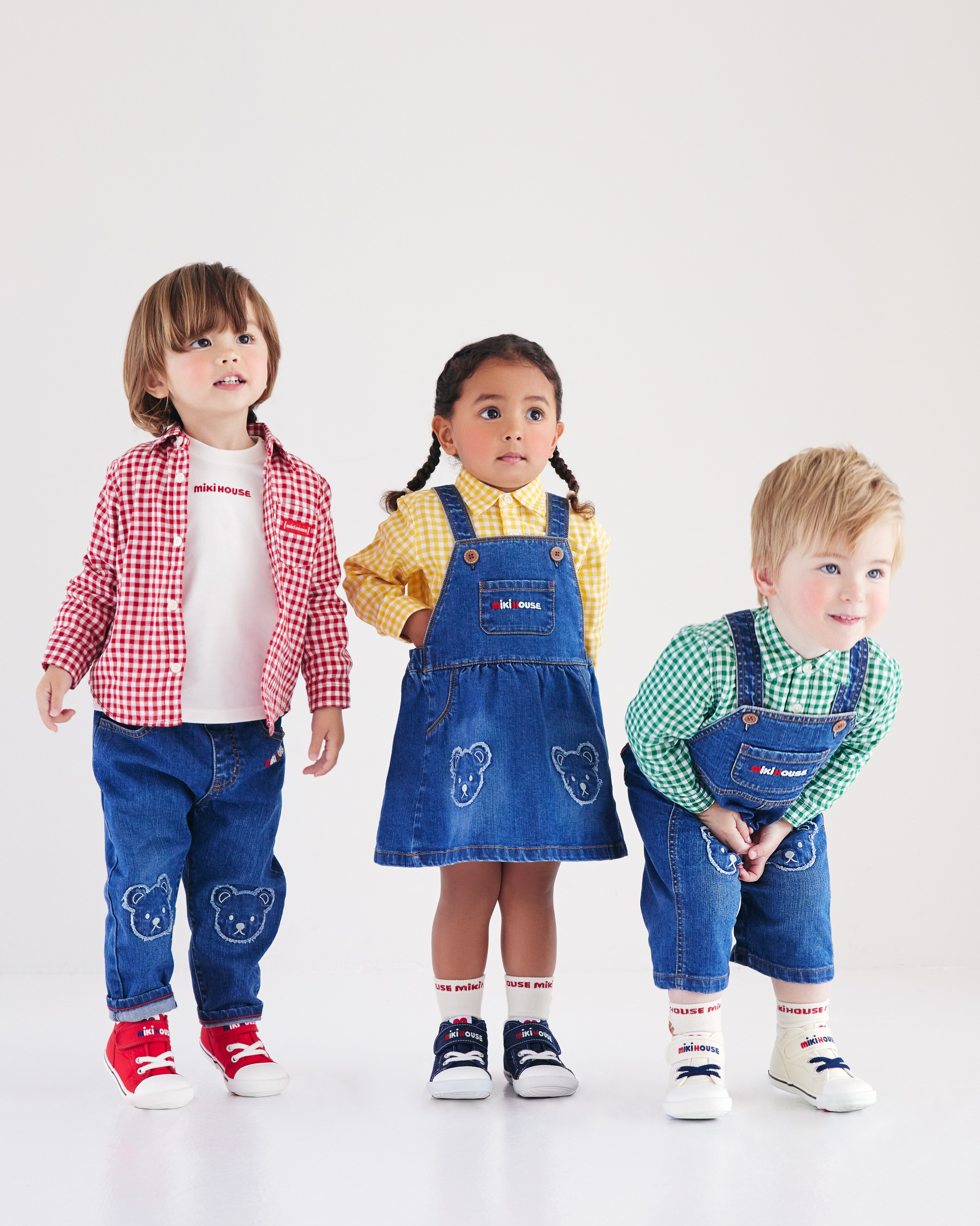 MIKI HOUSE BEAR流蘇熊牛仔七分吊帶褲-靛藍