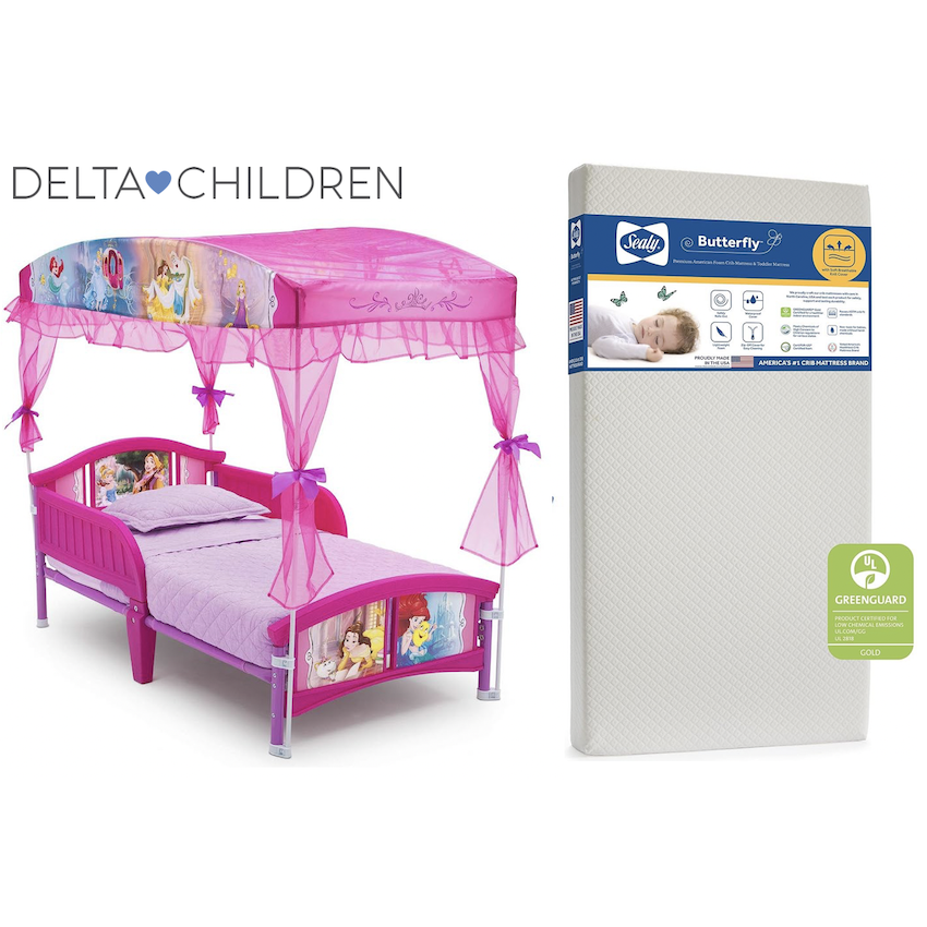 美國 Delta Children Disney Princess 幼童天篷床架 + 美國製 Sealy Butterfly 幼童床褥套裝