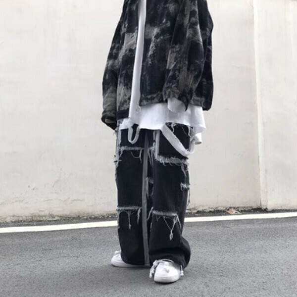 Popular loose-fitting ripped and scratched cat-whisker patchwork dad pants [Black sizes M-XL, please confirm the shipping size with customer service after placing the order]