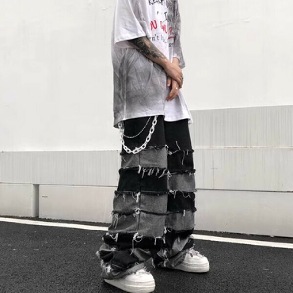 爆款古着感流蘇慵懶風牛仔褲【黑色S-L碼，下單後與客服確認發貨尺碼】 