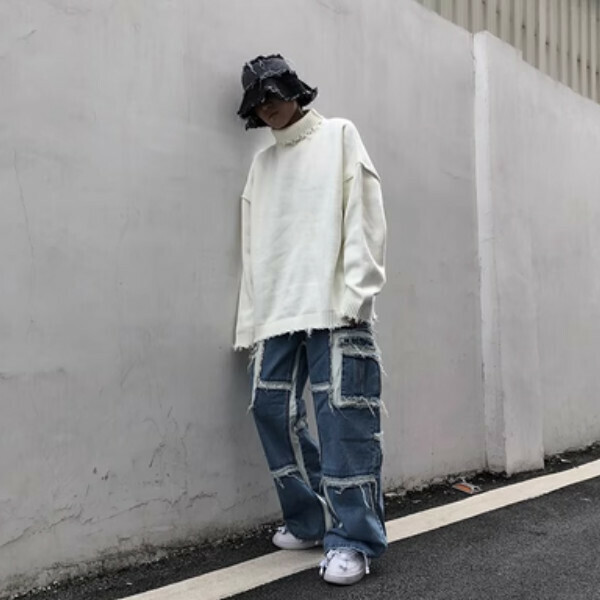 Popular loose-fitting ripped and scratched cat-whisker patchwork dad pants [Blue M-XL sizes, please confirm the delivery size with customer service after placing the order]