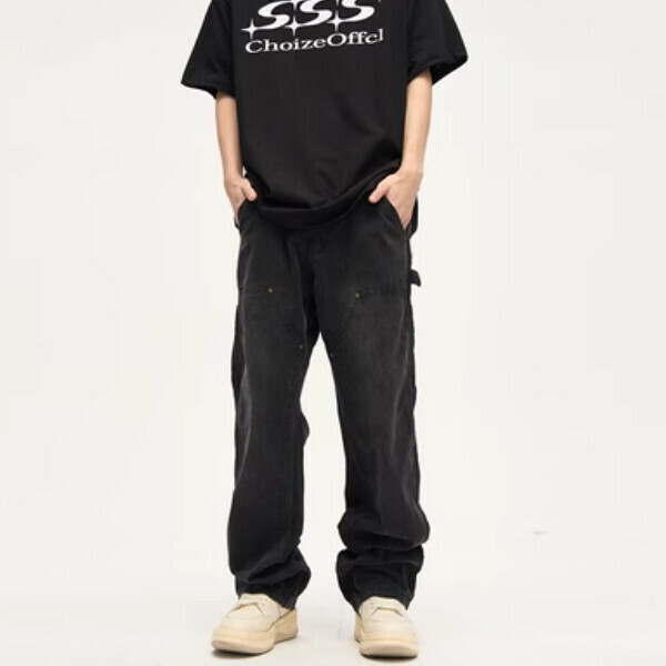 爆款寬鬆水洗休閒工裝褲【黑色S-2XL碼，下單後與客服確認發貨尺碼】