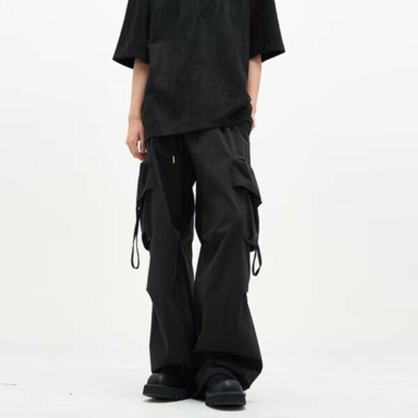 爆款復古傘兵多口袋寬鬆工裝褲【黑色S-XL碼，下單後與客服確認發貨尺碼】