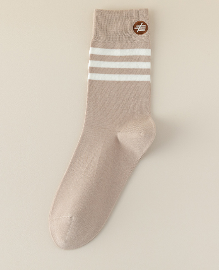 Popular style (2 pairs) men's three-stripe embroidered mid-calf socks (beige) (one size fits all)