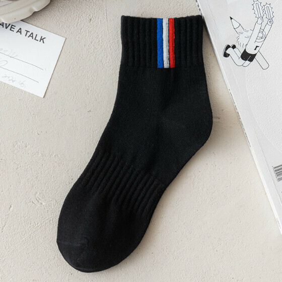 Popular vertical striped mid-calf men's sports socks, basketball socks, cotton socks [black] [one size fits all]