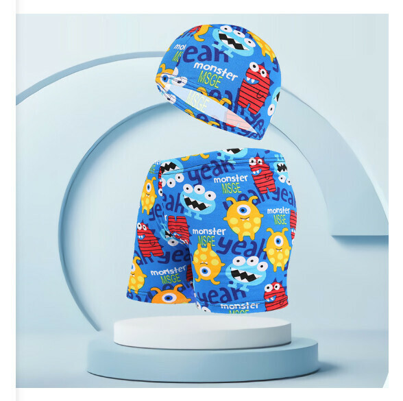 Hotly recommended children's swimming trunks with swimming cap set [one size fits all (height 110-125CM, 30-50 pounds)] [blue background Big Eyeworm color No. 6]